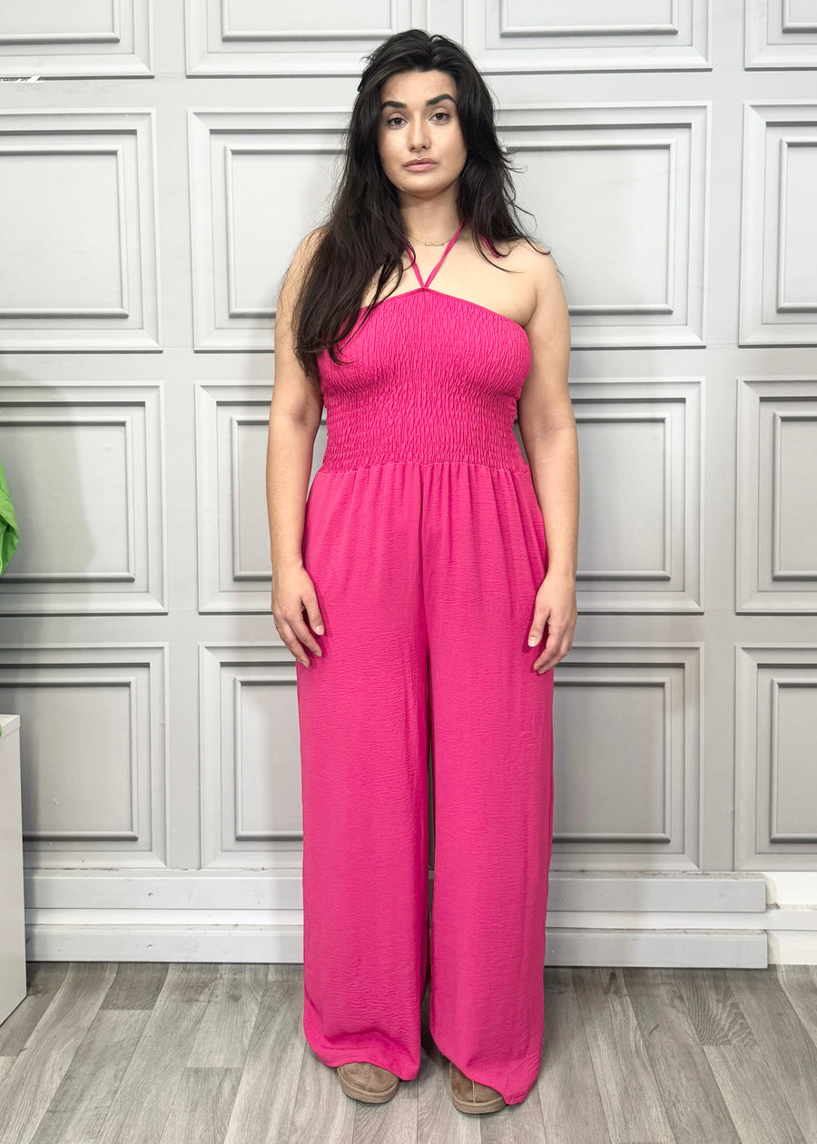 Elasticated Bust Plain Jumpsuit with Straight Wide Legs