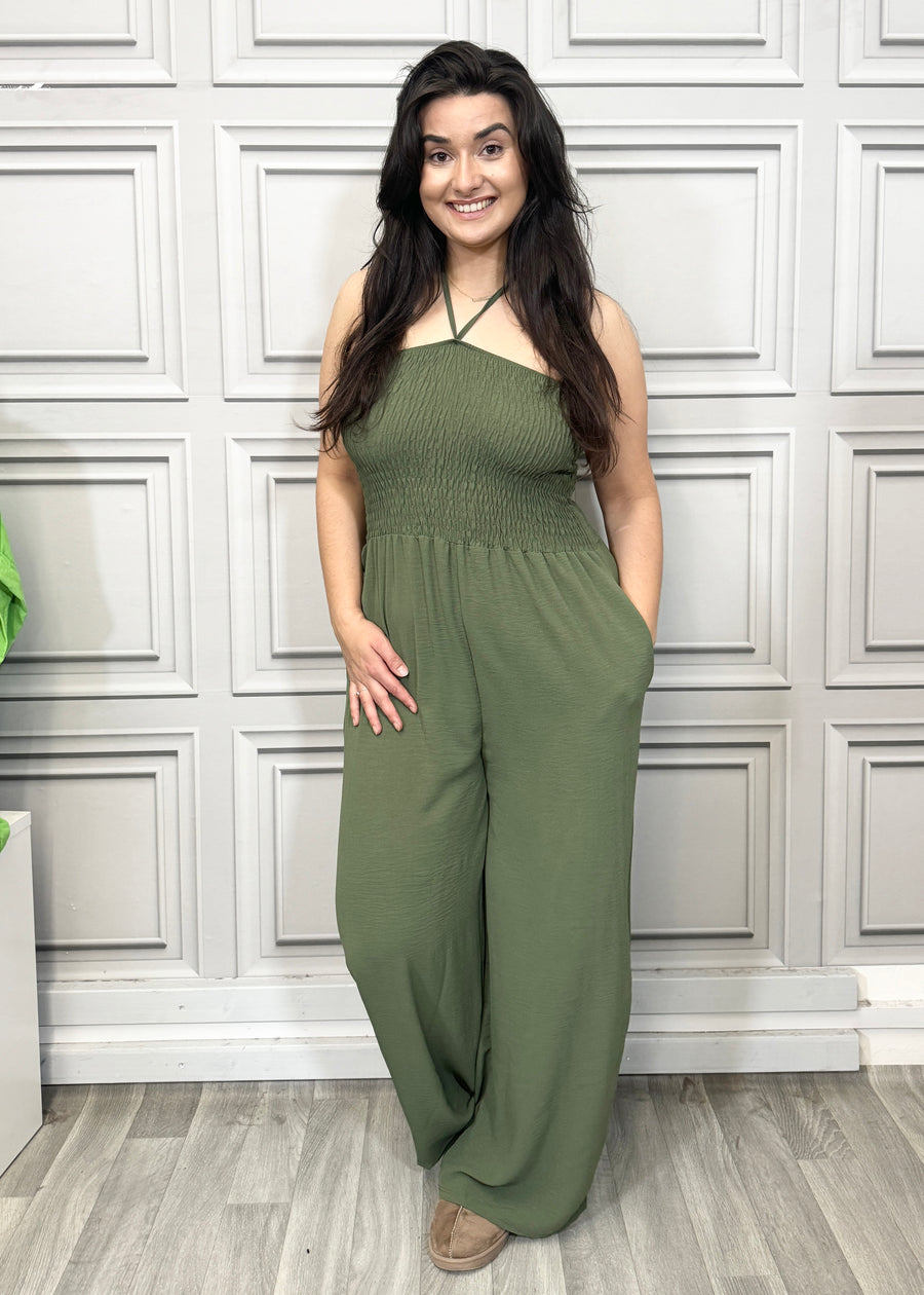 Elasticated Bust Plain Jumpsuit with Straight Wide Legs