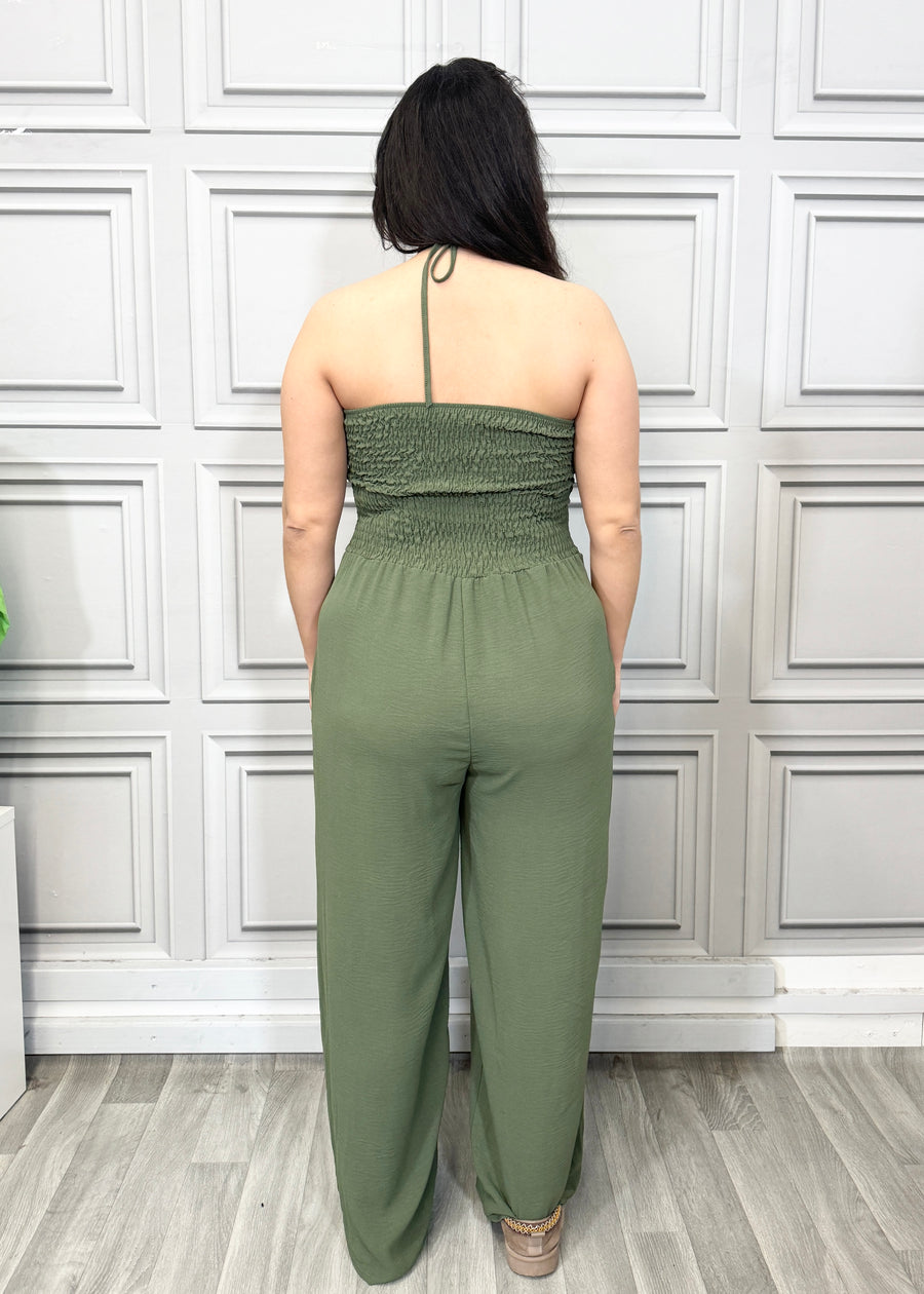 Elasticated Bust Plain Jumpsuit with Straight Wide Legs