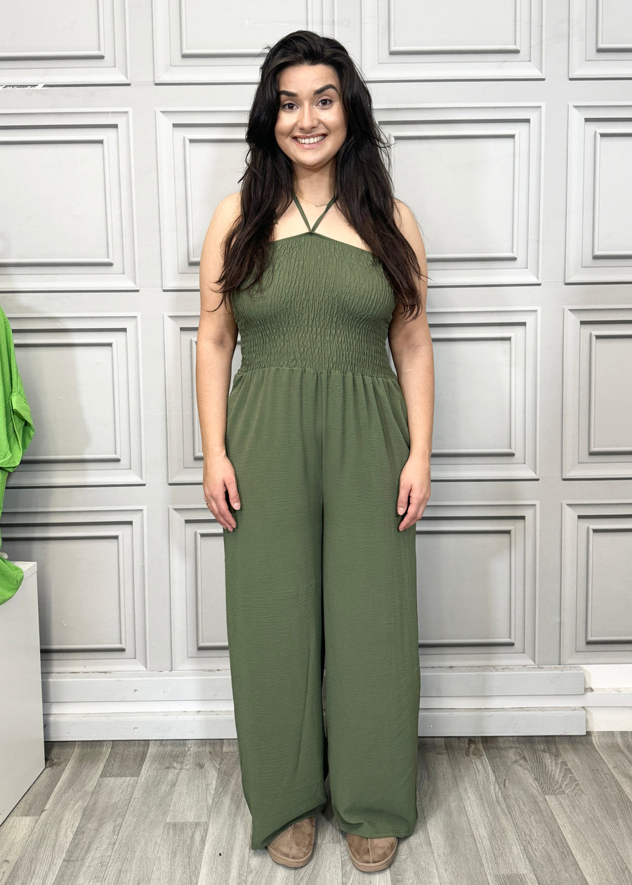 Elasticated Bust Plain Jumpsuit with Straight Wide Legs