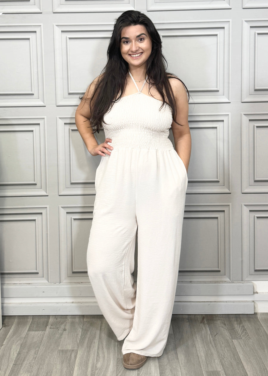 Elasticated Bust Plain Jumpsuit with Straight Wide Legs