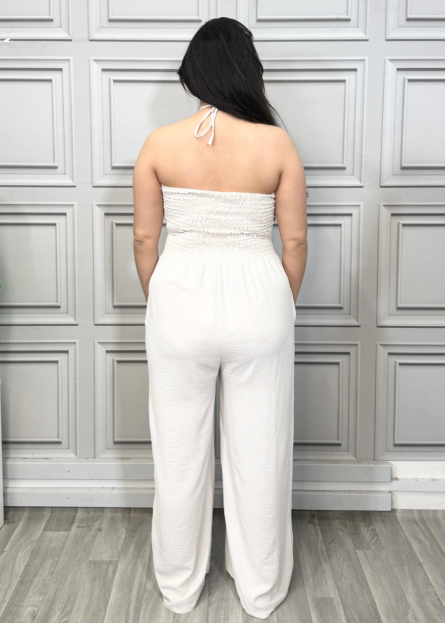 Elasticated Bust Plain Jumpsuit with Straight Wide Legs