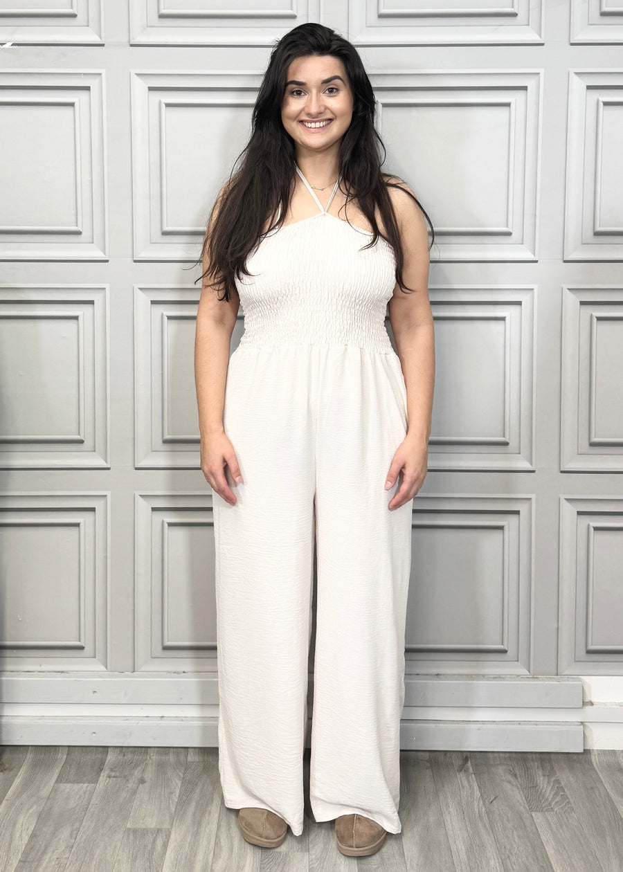 Elasticated Bust Plain Jumpsuit with Straight Wide Legs