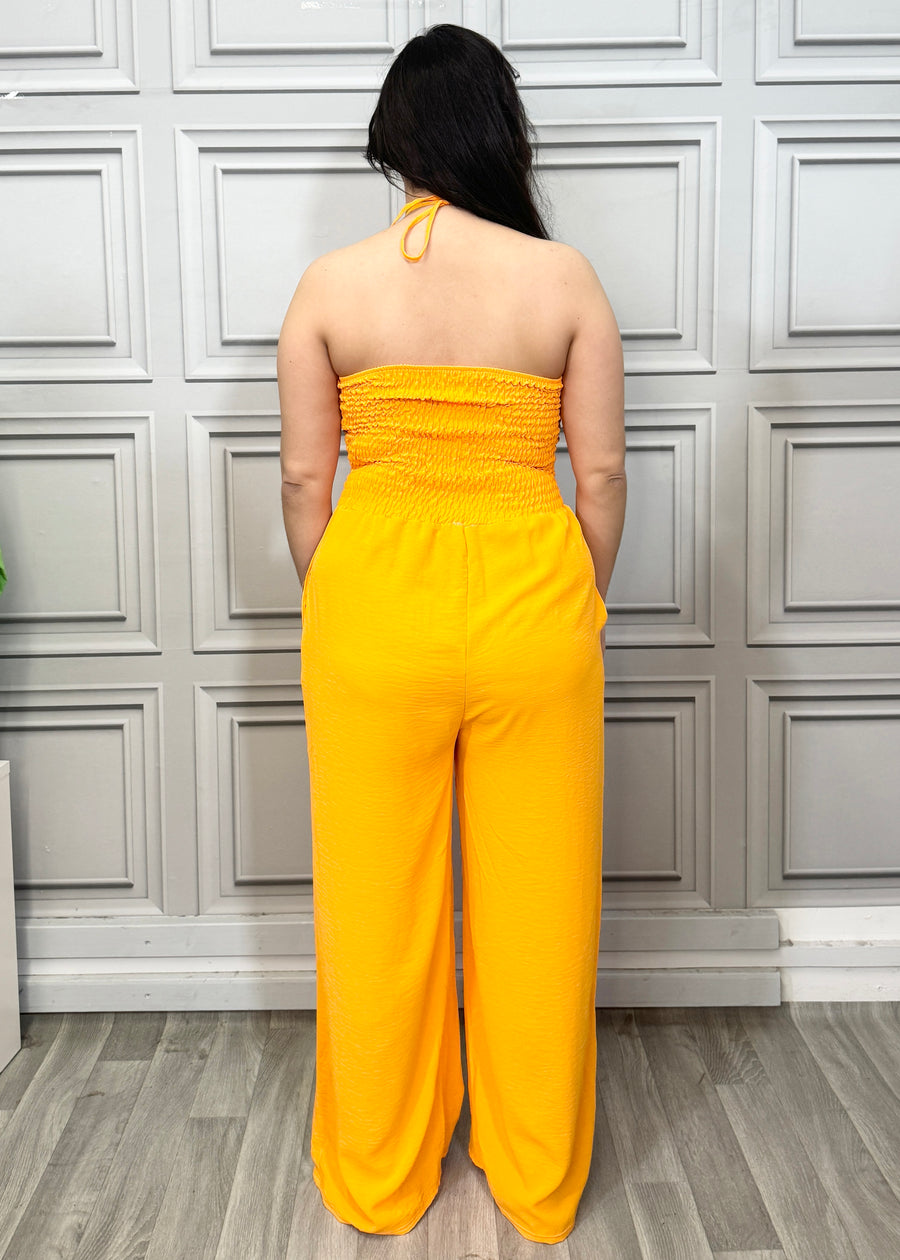 Elasticated Bust Plain Jumpsuit with Straight Wide Legs