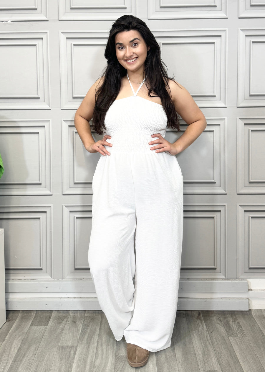 Elasticated Bust Plain Jumpsuit with Straight Wide Legs