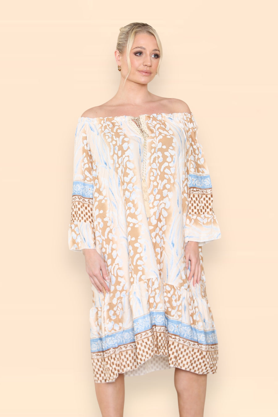 Printed Midi Dress with Braided Tassels Neck Ties LEO V1