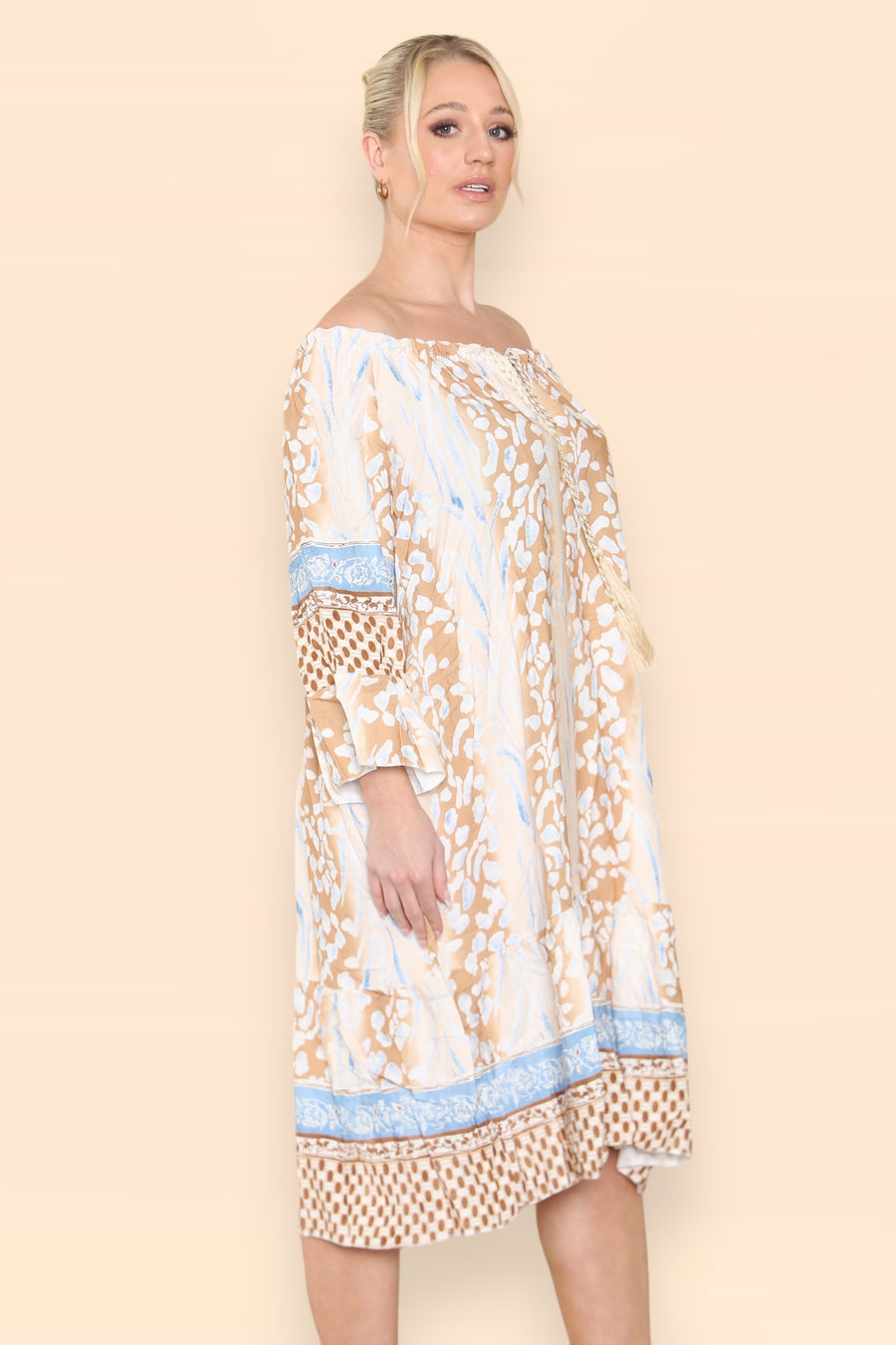 Printed Midi Dress with Braided Tassels Neck Ties LEO V1