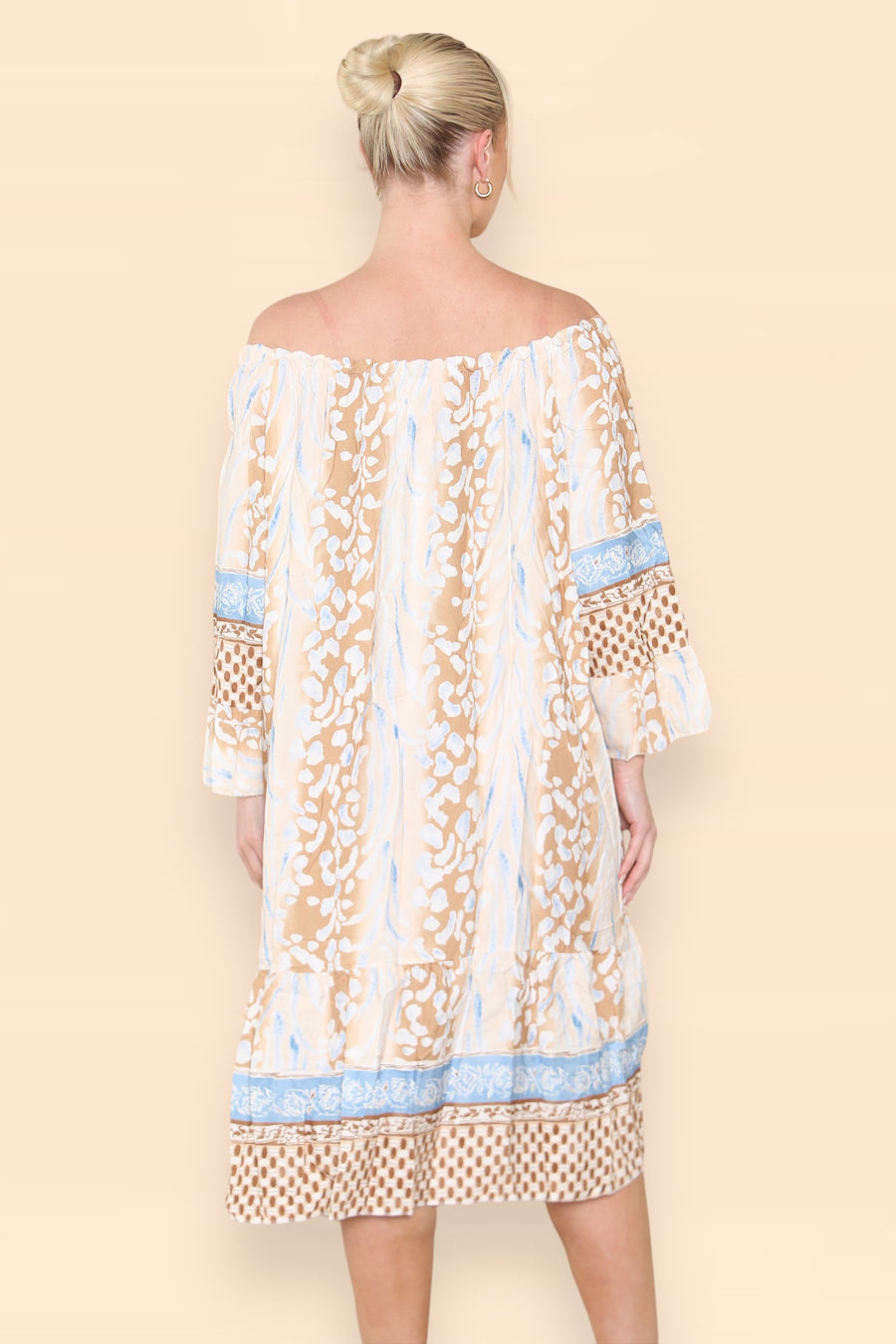 Printed Midi Dress with Braided Tassels Neck Ties LEO V1