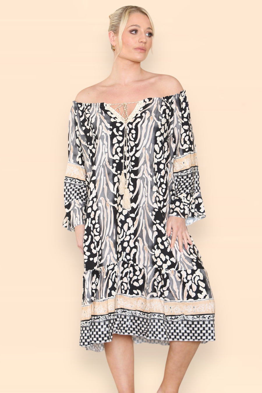 Printed Midi Dress with Braided Tassels Neck Ties LEO V1