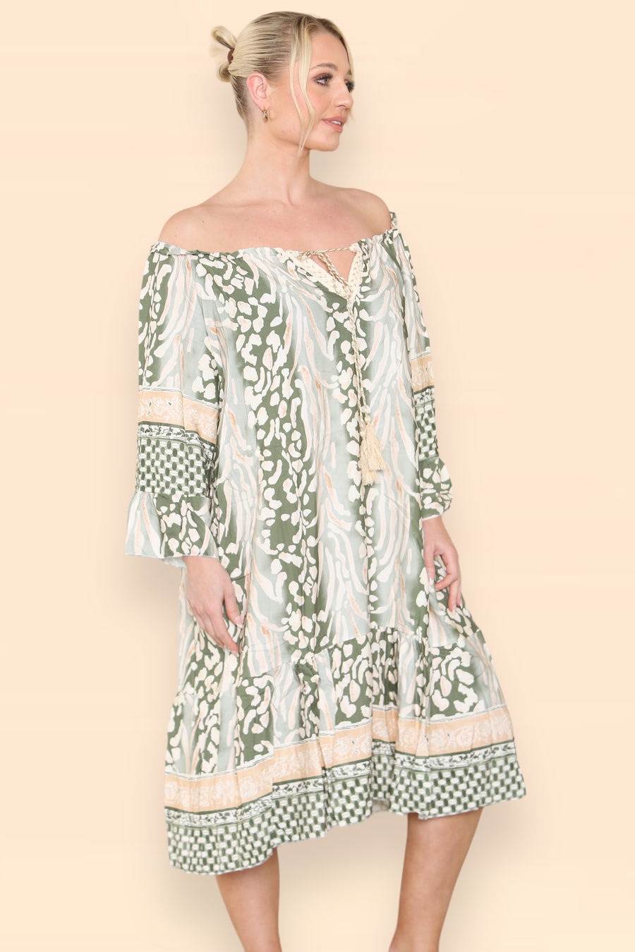 Printed Midi Dress with Braided Tassels Neck Ties LEO V1