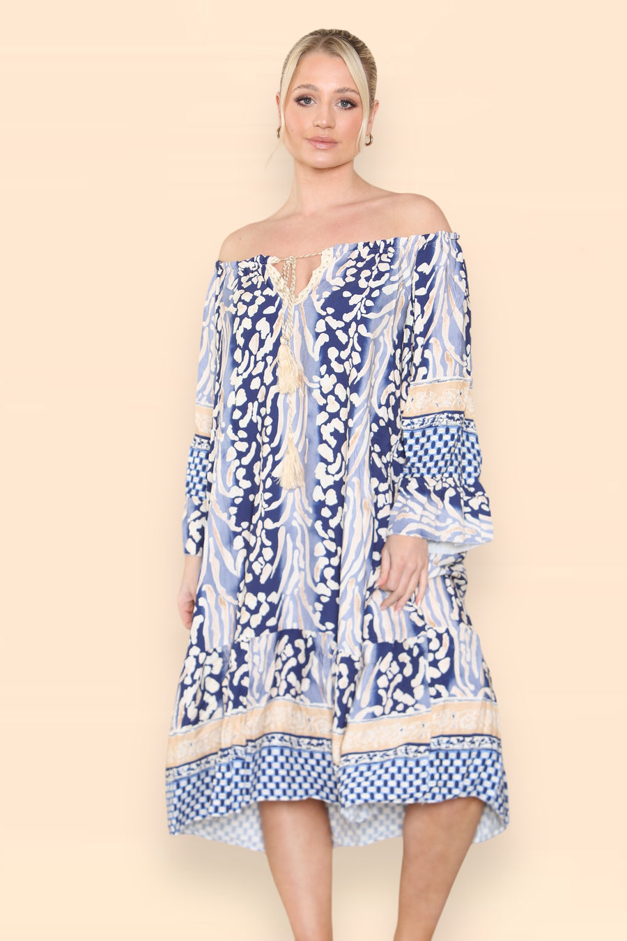 Printed Midi Dress with Braided Tassels Neck Ties LEO V1