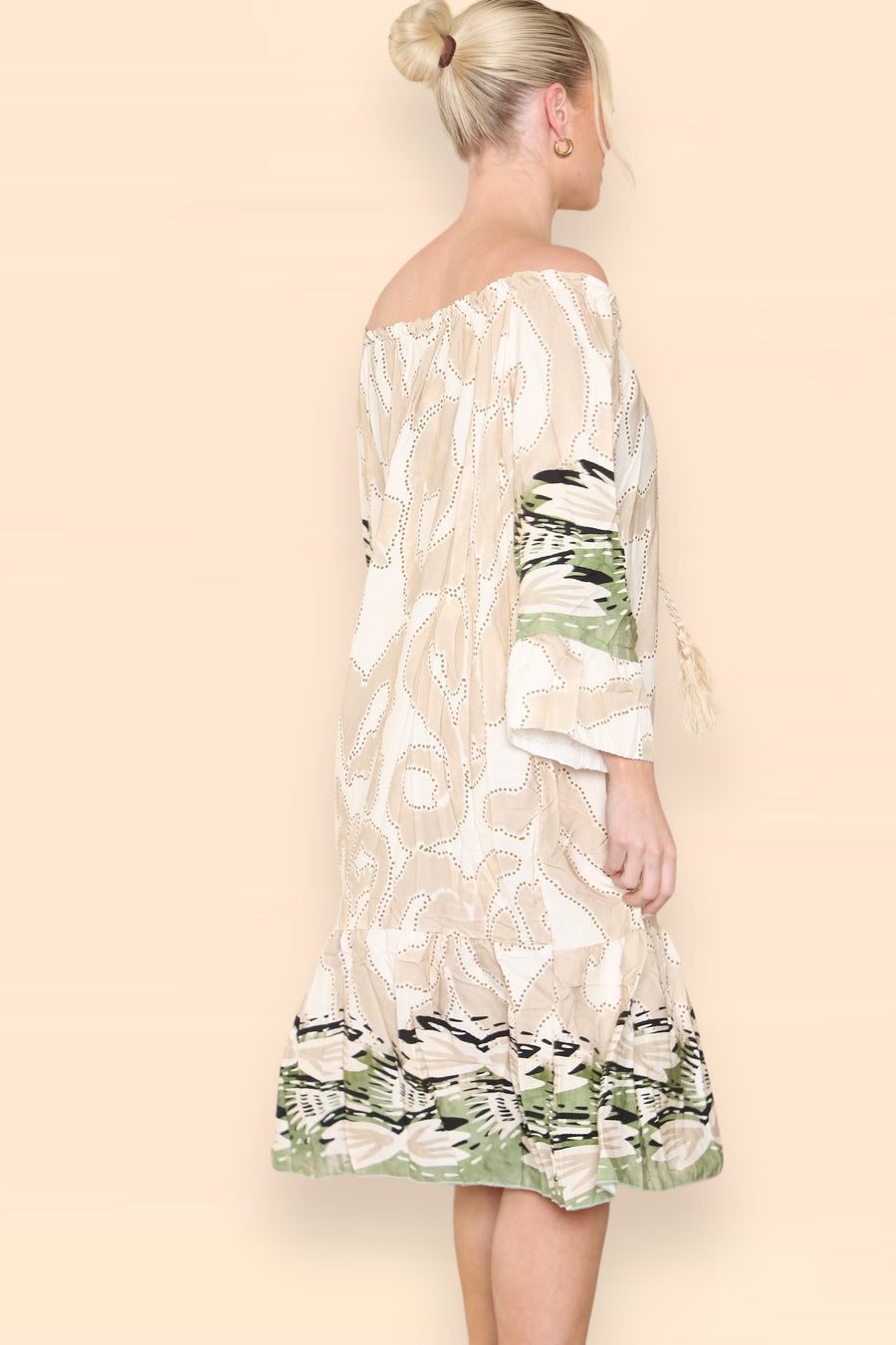 Printed Midi Dress with Braided Tassels Neck Ties Off Shoulders LEO V2