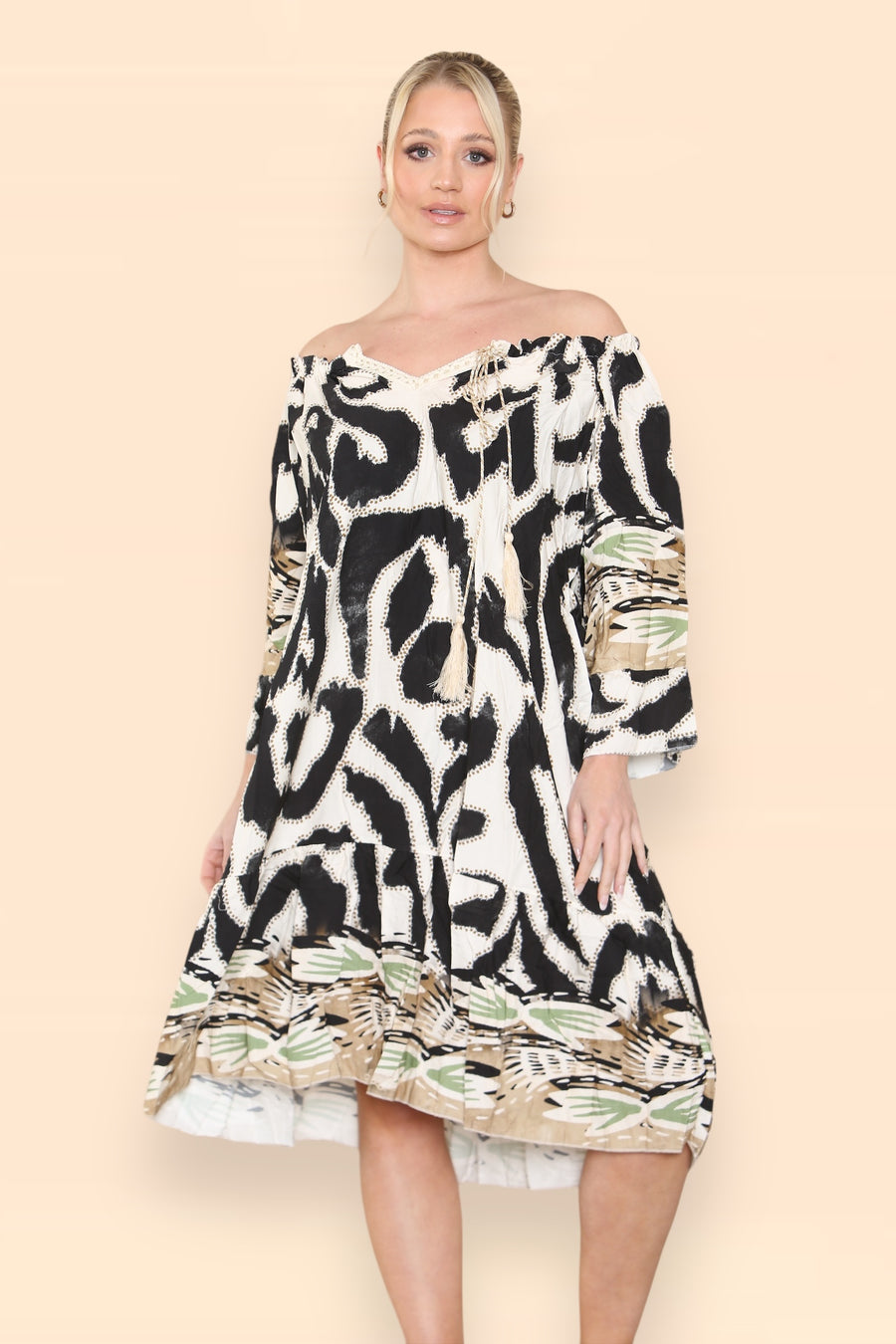 Printed Midi Dress with Braided Tassels Neck Ties Off Shoulders LEO V2