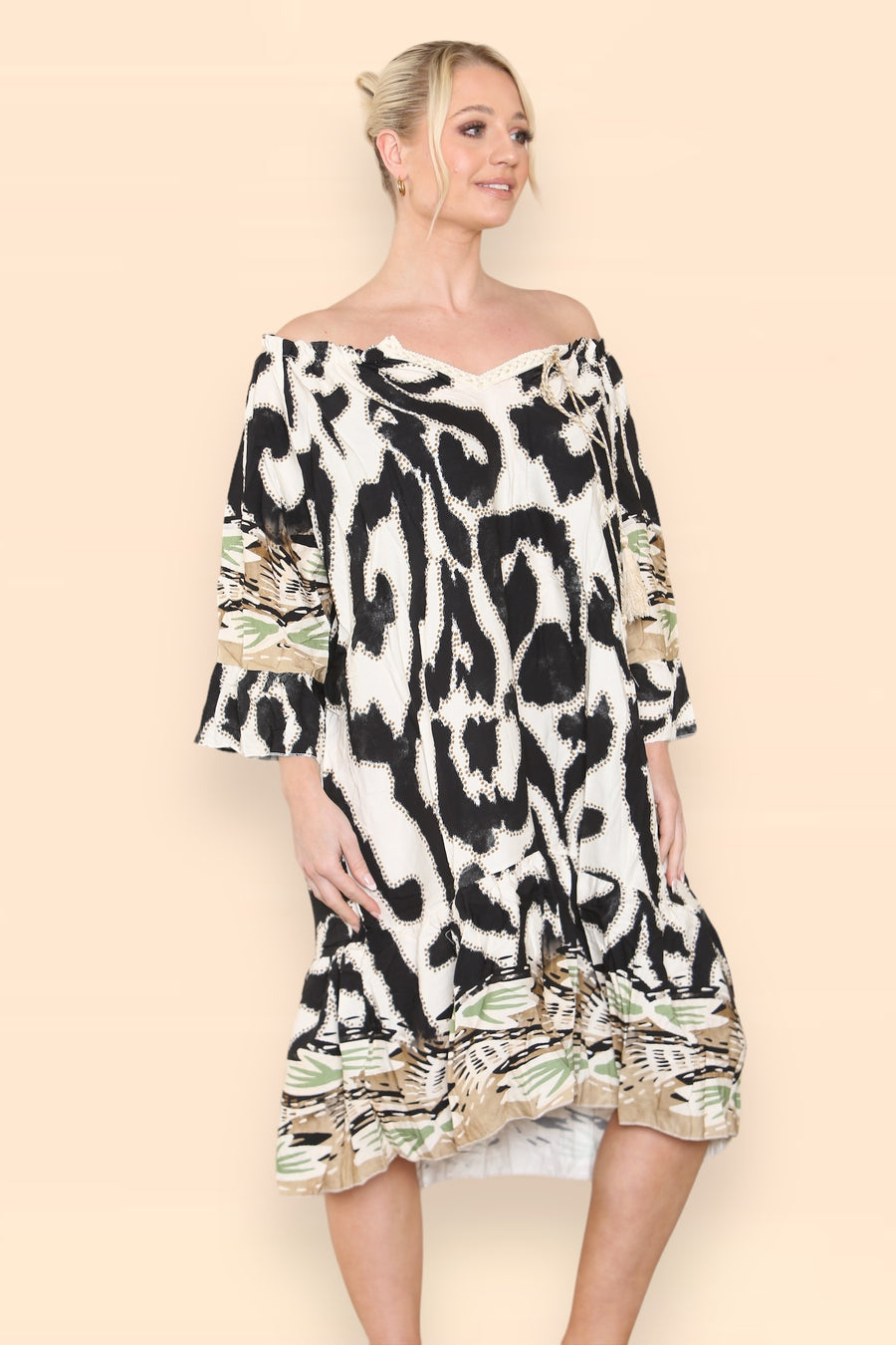 Printed Midi Dress with Braided Tassels Neck Ties Off Shoulders LEO V2