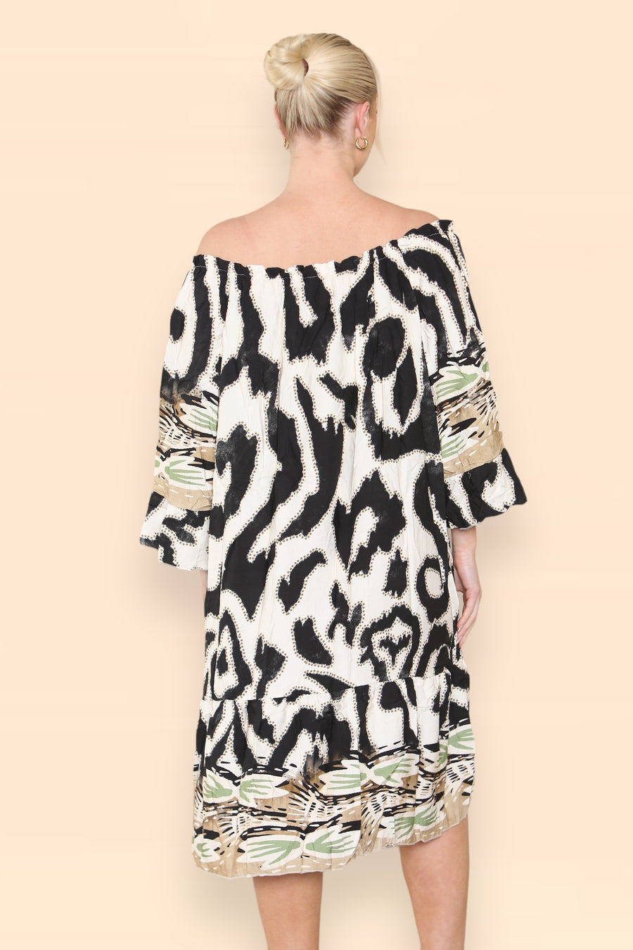 Printed Midi Dress with Braided Tassels Neck Ties Off Shoulders LEO V2