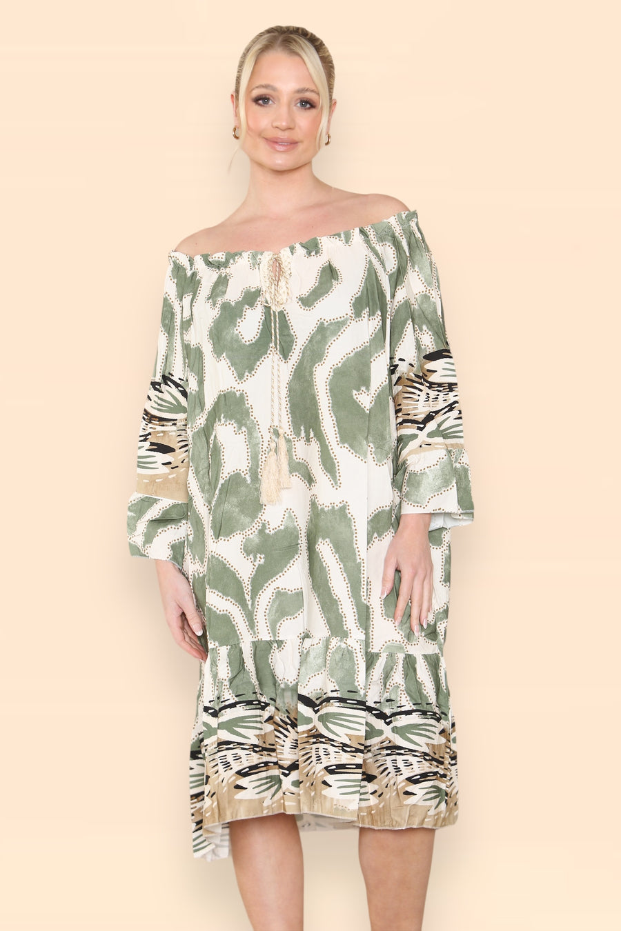 Printed Midi Dress with Braided Tassels Neck Ties Off Shoulders LEO V2