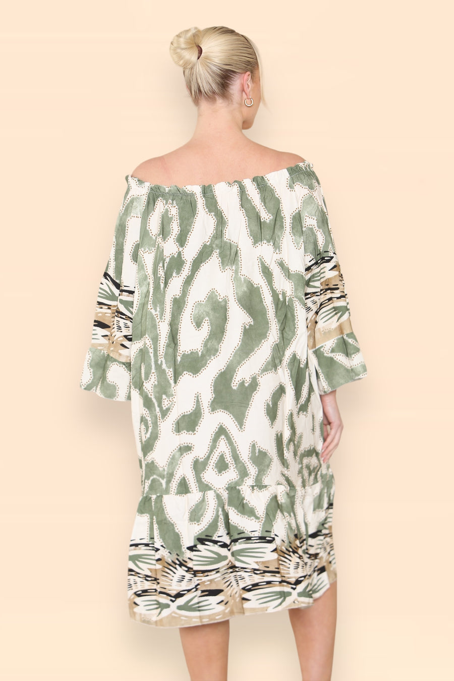 Printed Midi Dress with Braided Tassels Neck Ties Off Shoulders LEO V2