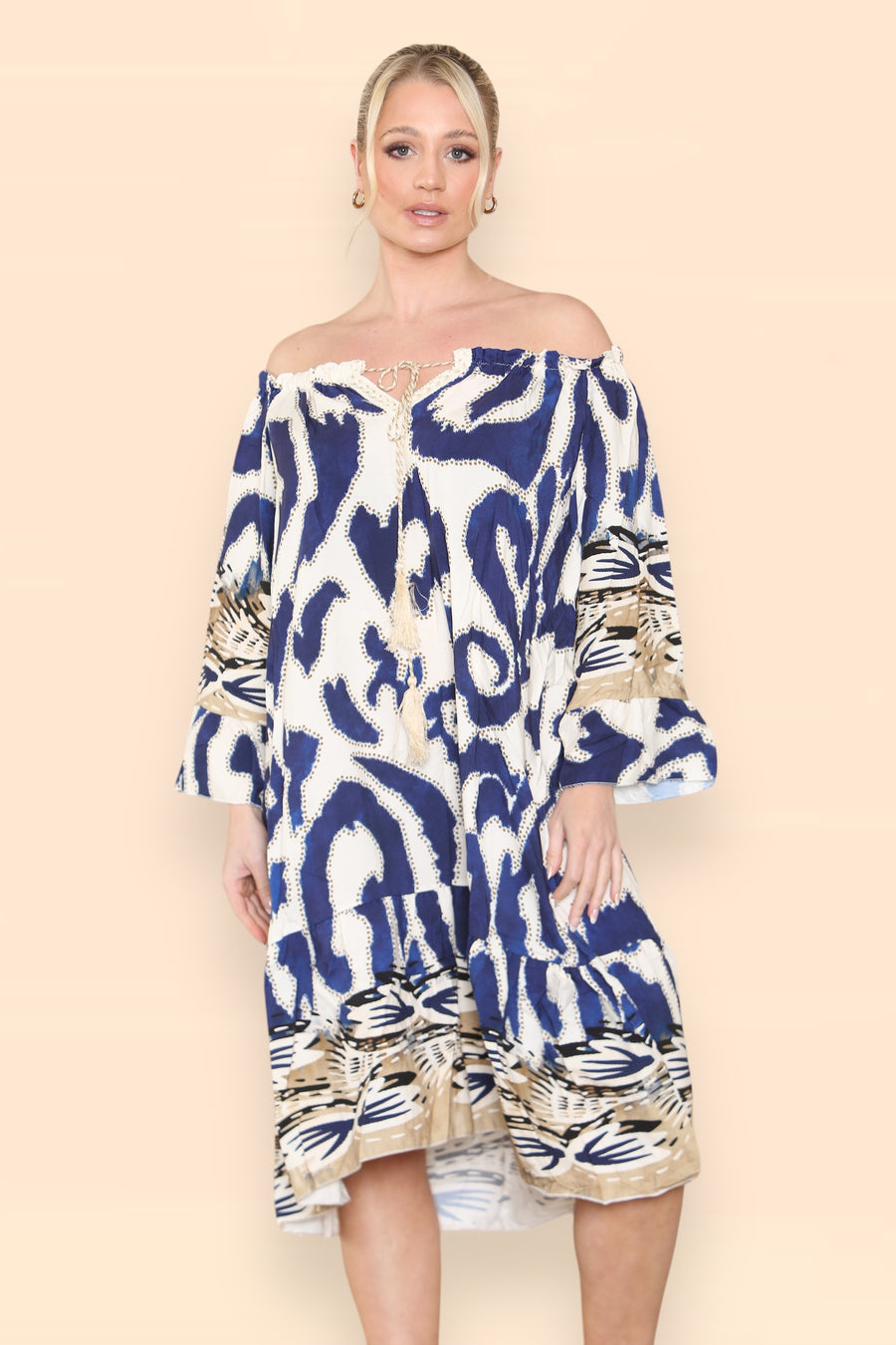 Printed Midi Dress with Braided Tassels Neck Ties Off Shoulders LEO V2