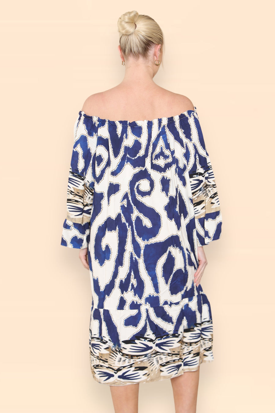 Printed Midi Dress with Braided Tassels Neck Ties Off Shoulders LEO V2