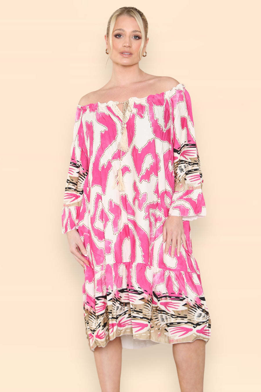 Printed Midi Dress with Braided Tassels Neck Ties Off Shoulders LEO V2