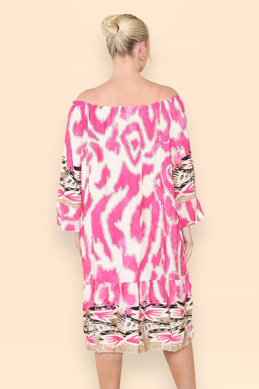 Printed Midi Dress with Braided Tassels Neck Ties Off Shoulders LEO V2