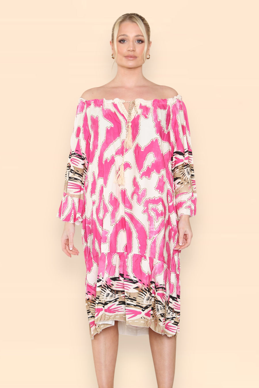 Printed Midi Dress with Braided Tassels Neck Ties Off Shoulders LEO V2