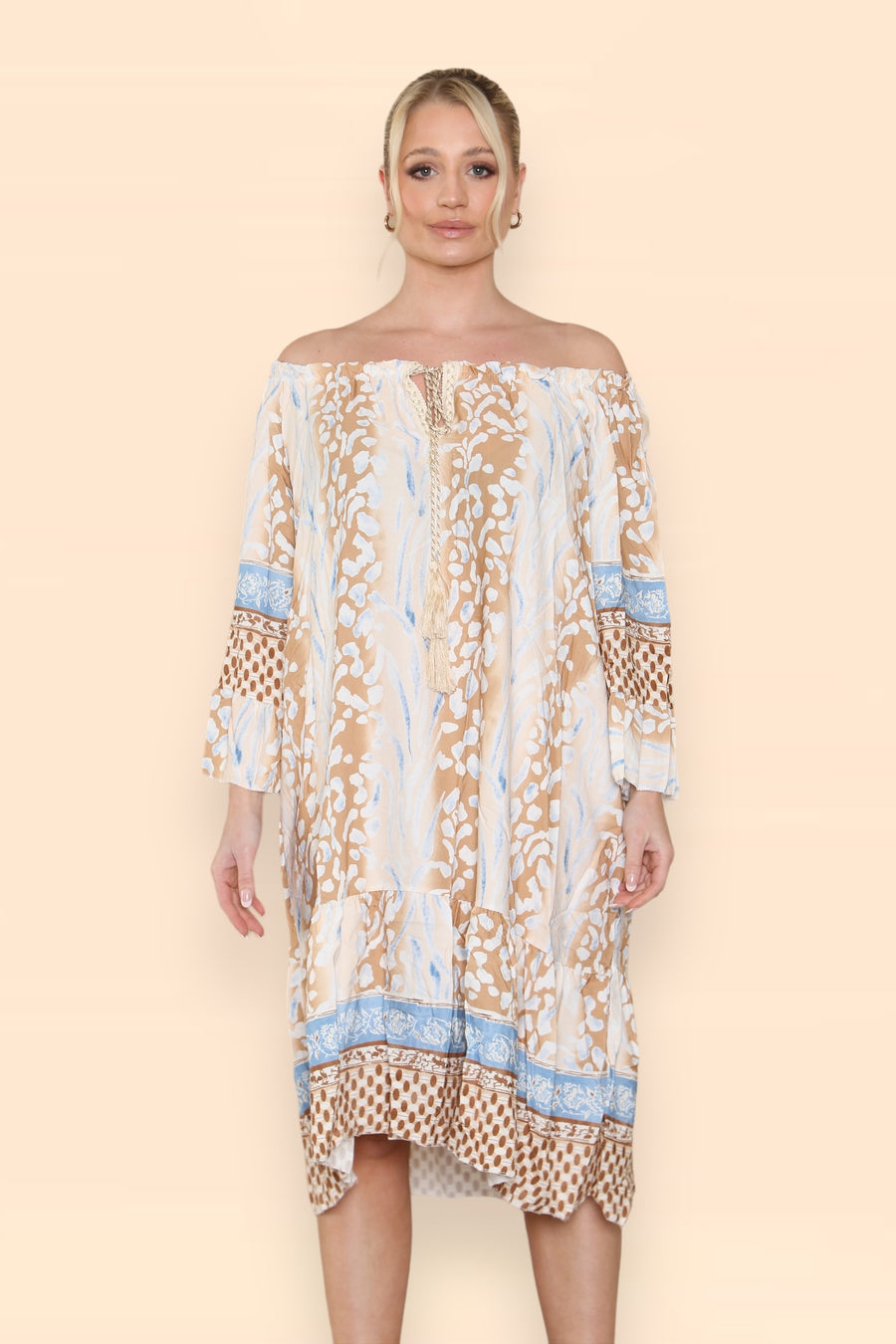 Printed Midi Dress with Braided Tassels Neck Ties LEO V1