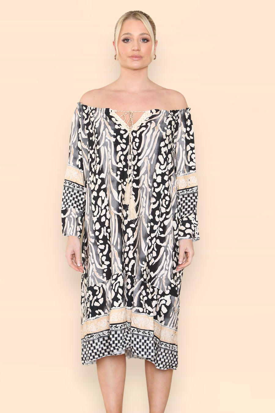 Printed Midi Dress with Braided Tassels Neck Ties LEO V1