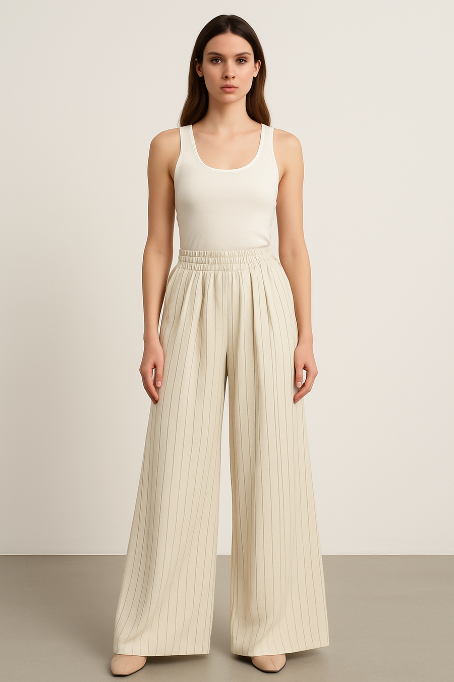 STRIPED PLUS SIZE TROUSERS FLARED WIDE LEG WITH 4 FRONT BOX PLEATS (2 PER LEG)