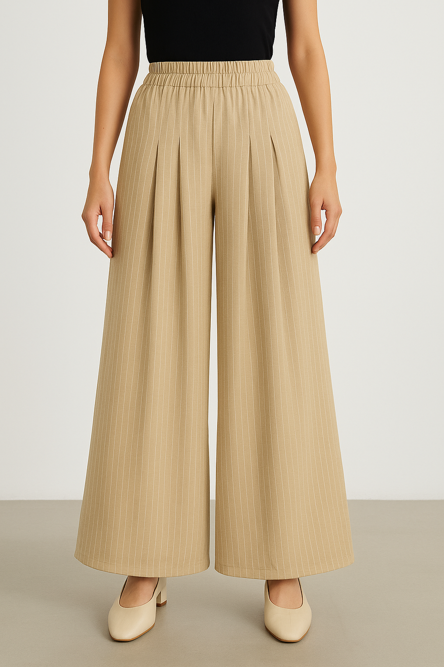 STRIPED PLUS SIZE TROUSERS FLARED WIDE LEG WITH 4 FRONT BOX PLEATS (2 PER LEG)