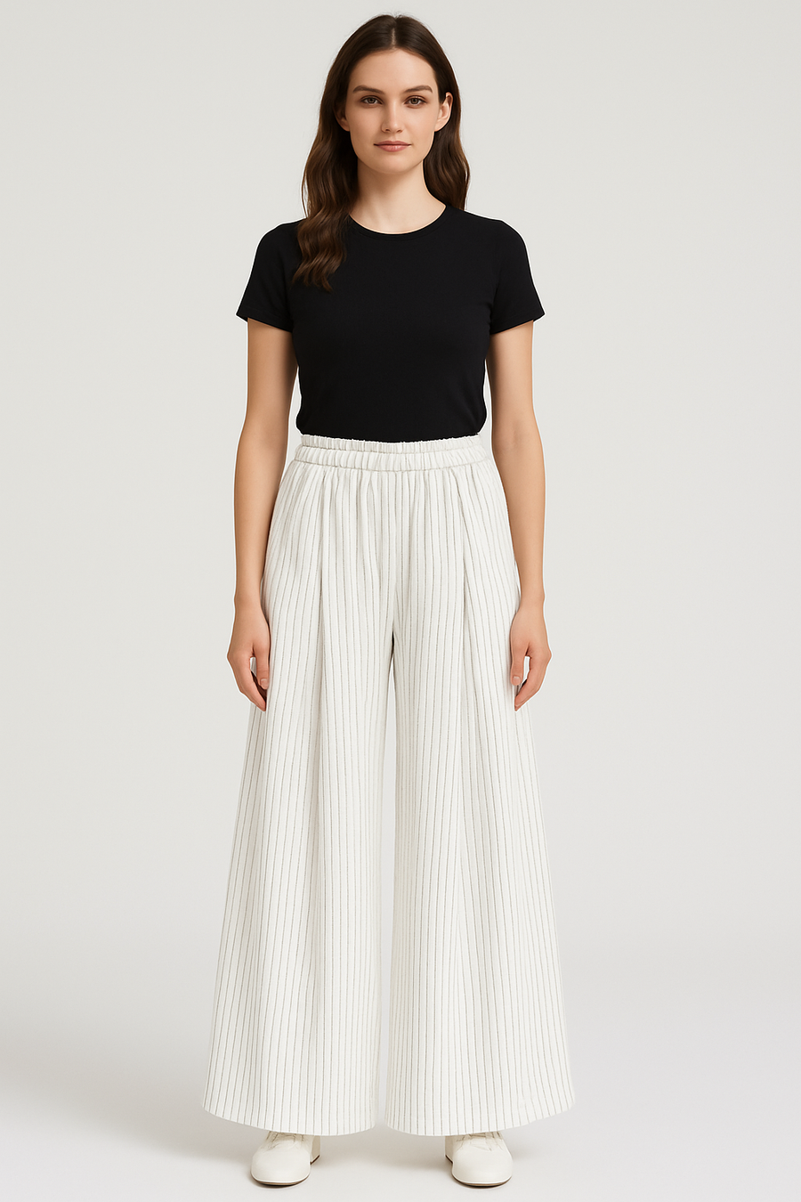 STRIPED PLUS SIZE TROUSERS FLARED WIDE LEG WITH 4 FRONT BOX PLEATS (2 PER LEG)