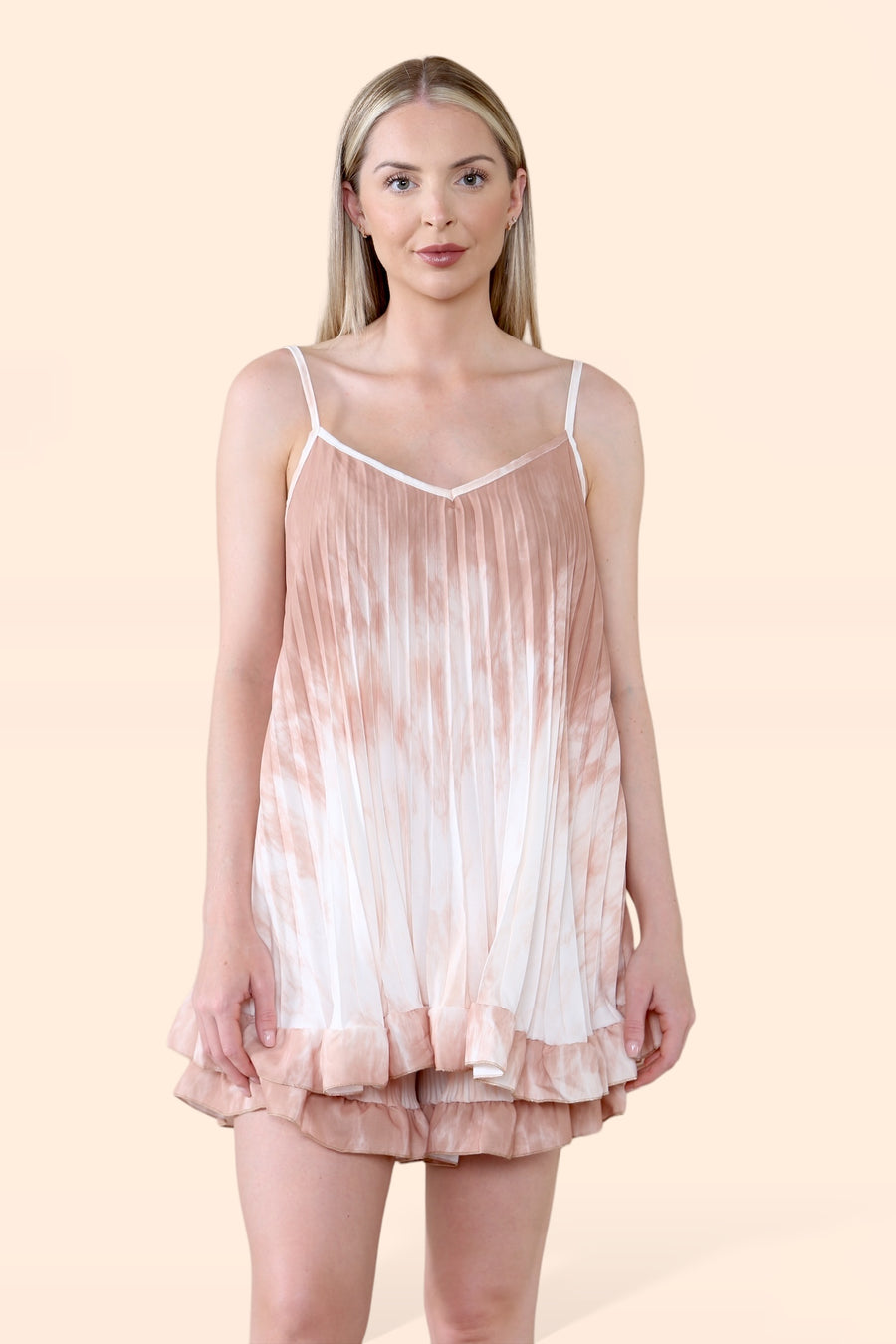 Tie Dye Pleated Vest and Shorts Set with Frill Hems