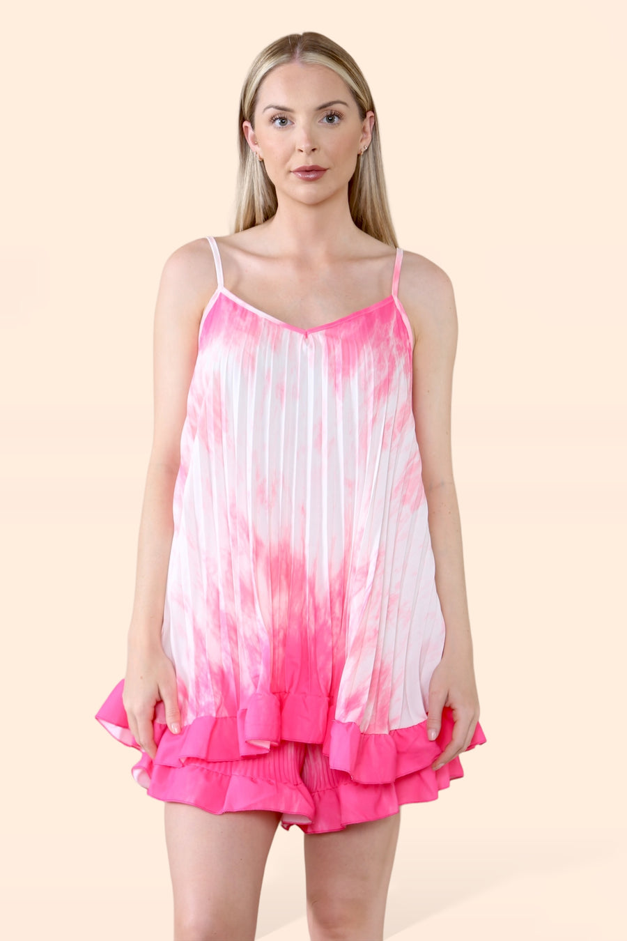 Tie Dye Pleated Vest and Shorts Set with Frill Hems