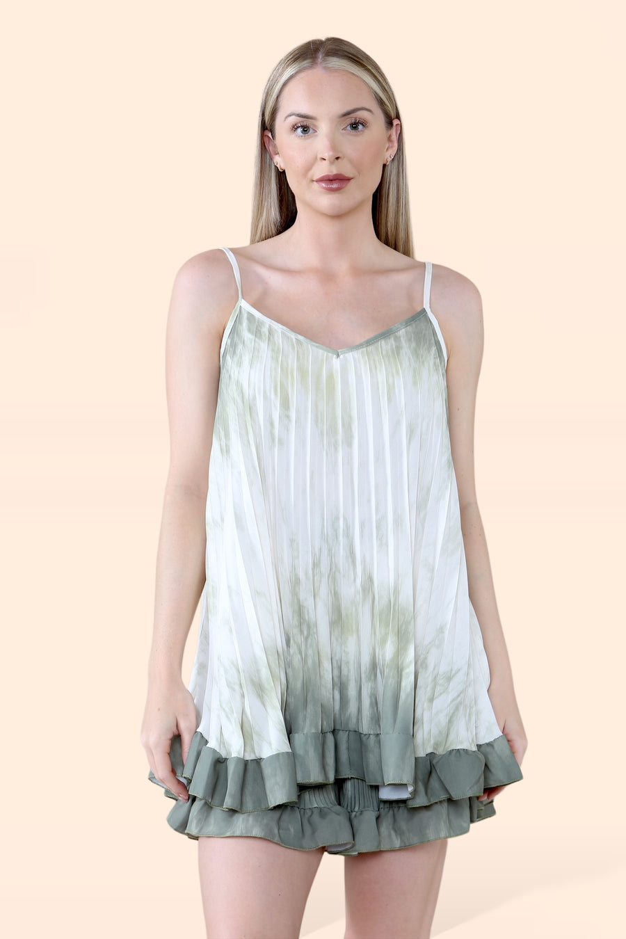 Tie Dye Pleated Vest and Shorts Set with Frill Hems