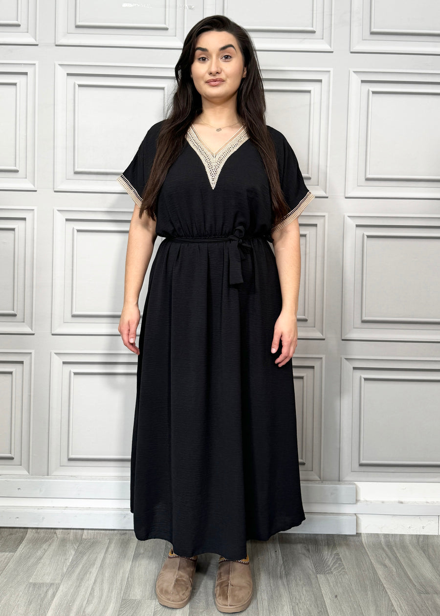 V-neck Lace Trim Embellished Maxi Dress