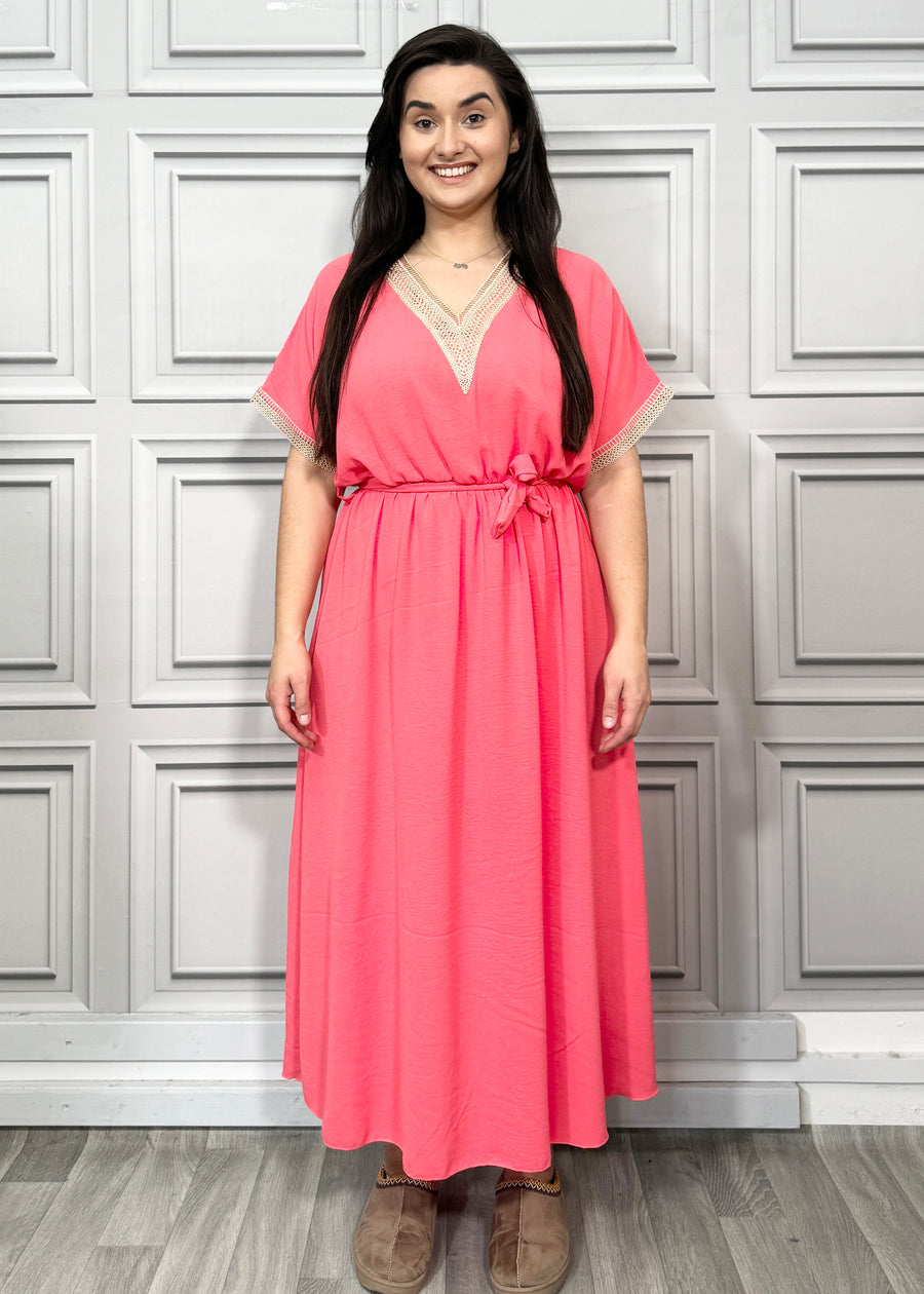 V-neck Lace Trim Embellished Maxi Dress