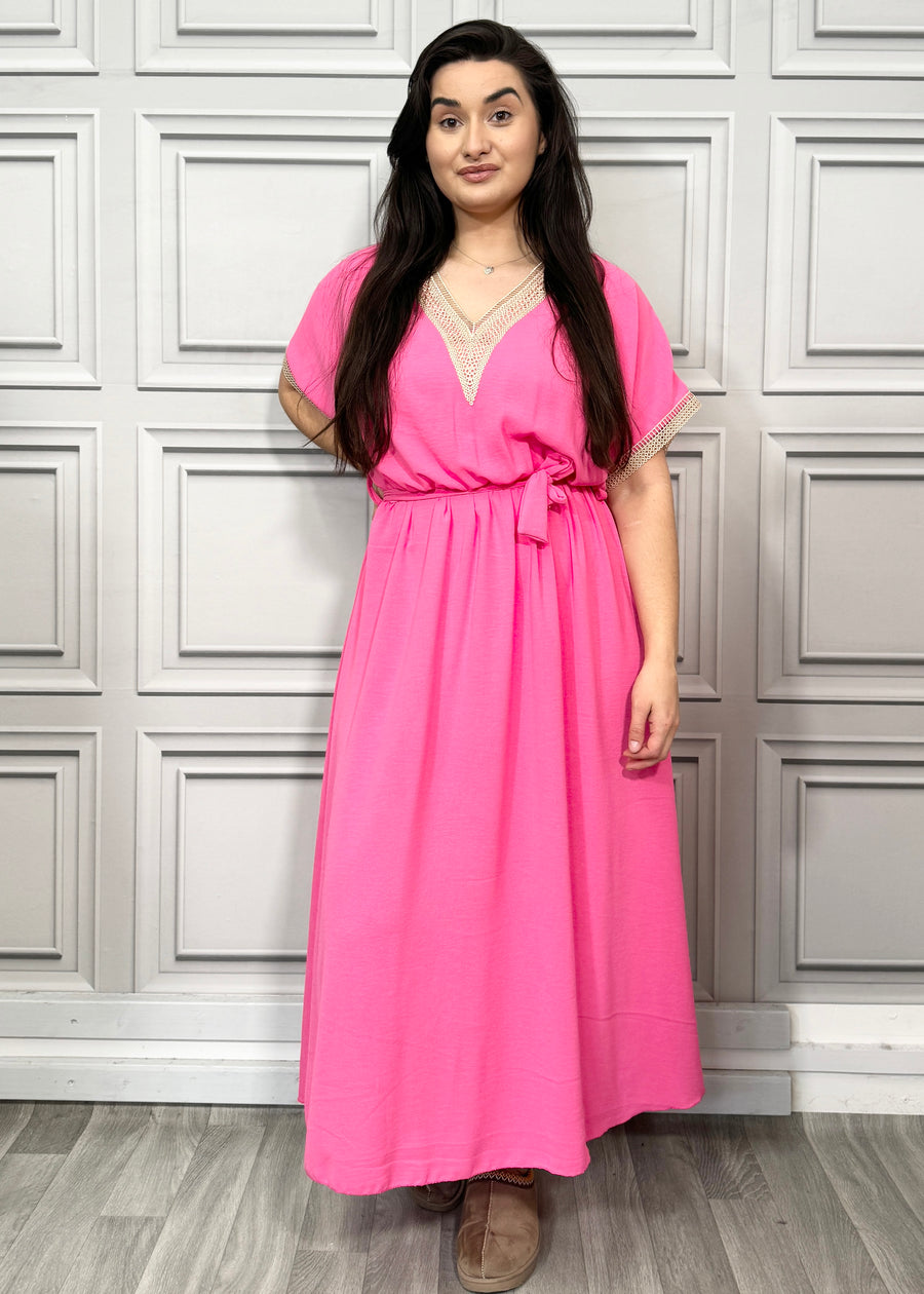 V-neck Lace Trim Embellished Maxi Dress