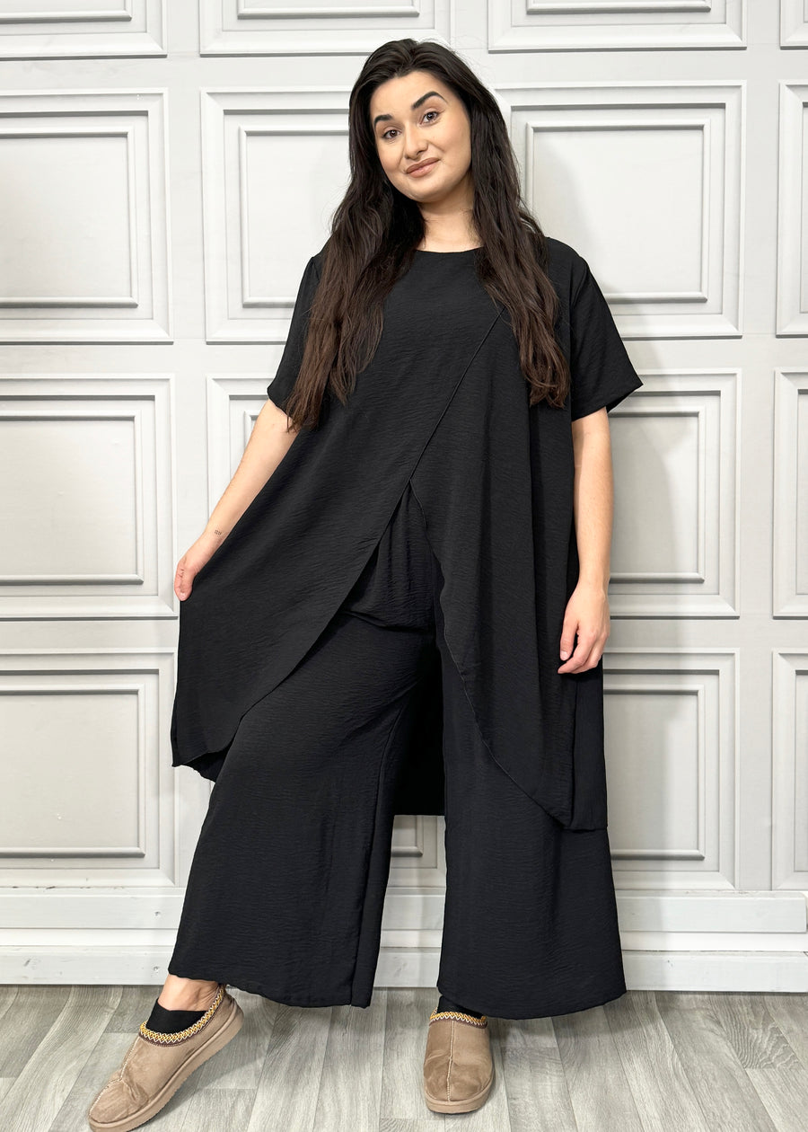 Full Cross-Over Front Short Sleeves and Wide Leg Pants Set