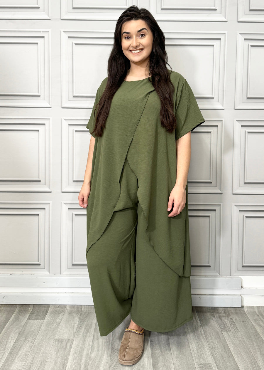 Full Cross-Over Front Short Sleeves and Wide Leg Pants Set