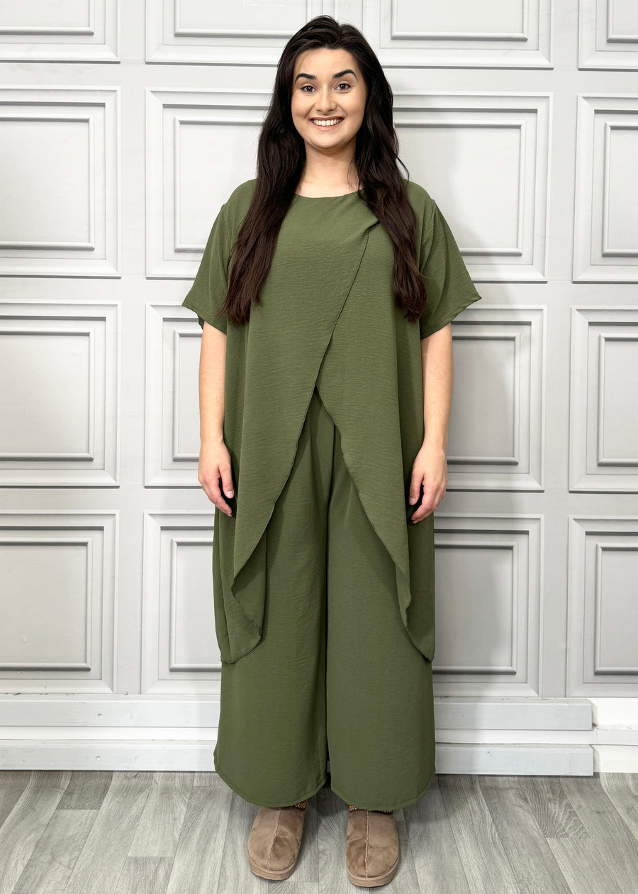 Full Cross-Over Front Short Sleeves and Wide Leg Pants Set