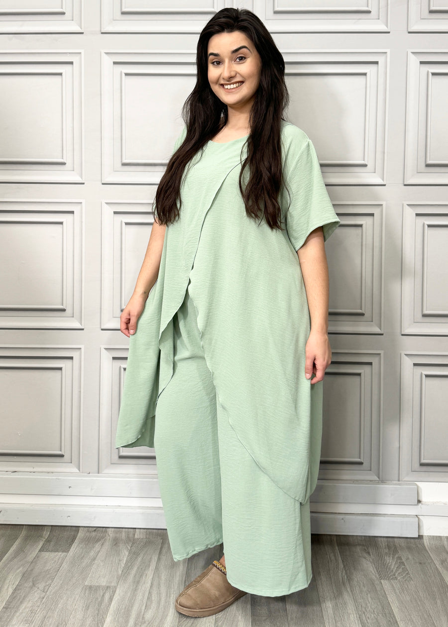 Full Cross-Over Front Short Sleeves and Wide Leg Pants Set