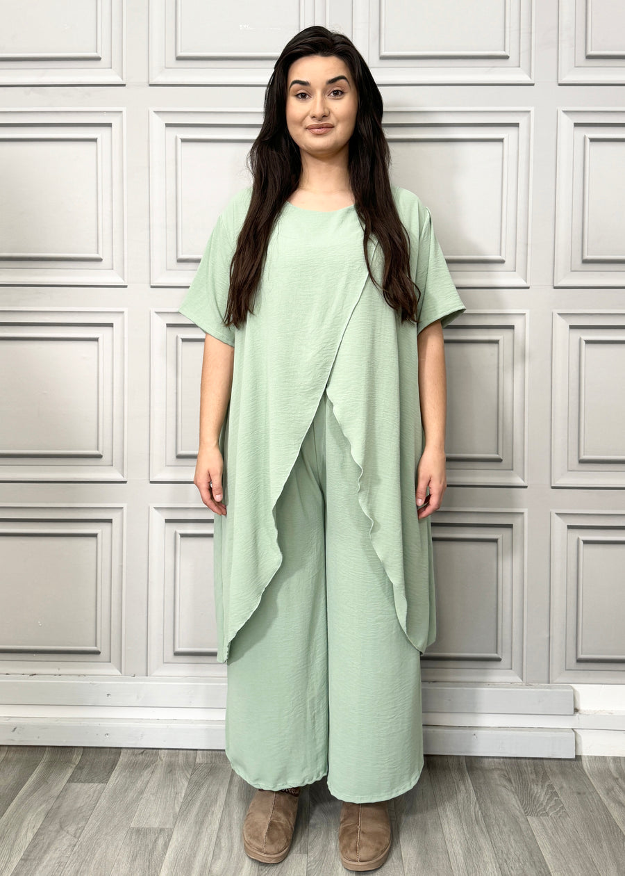 Full Cross-Over Front Short Sleeves and Wide Leg Pants Set