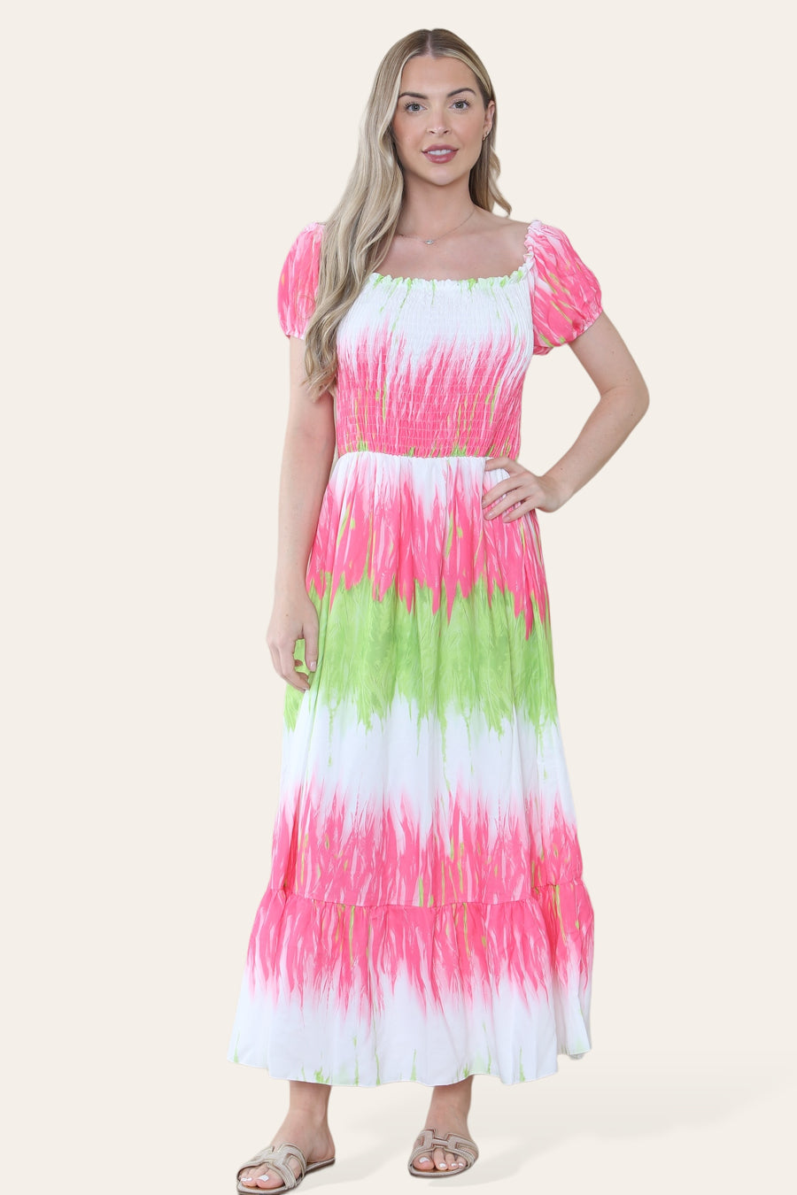 Tie Dye Maxi Sun Dress with Multi-Coloured Zig Zag Effect