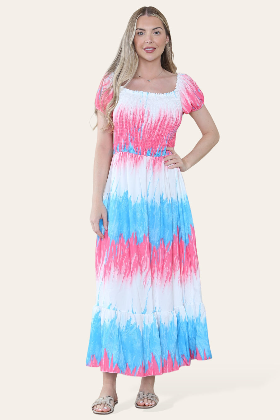 Tie Dye Maxi Sun Dress with Multi-Coloured Zig Zag Effect