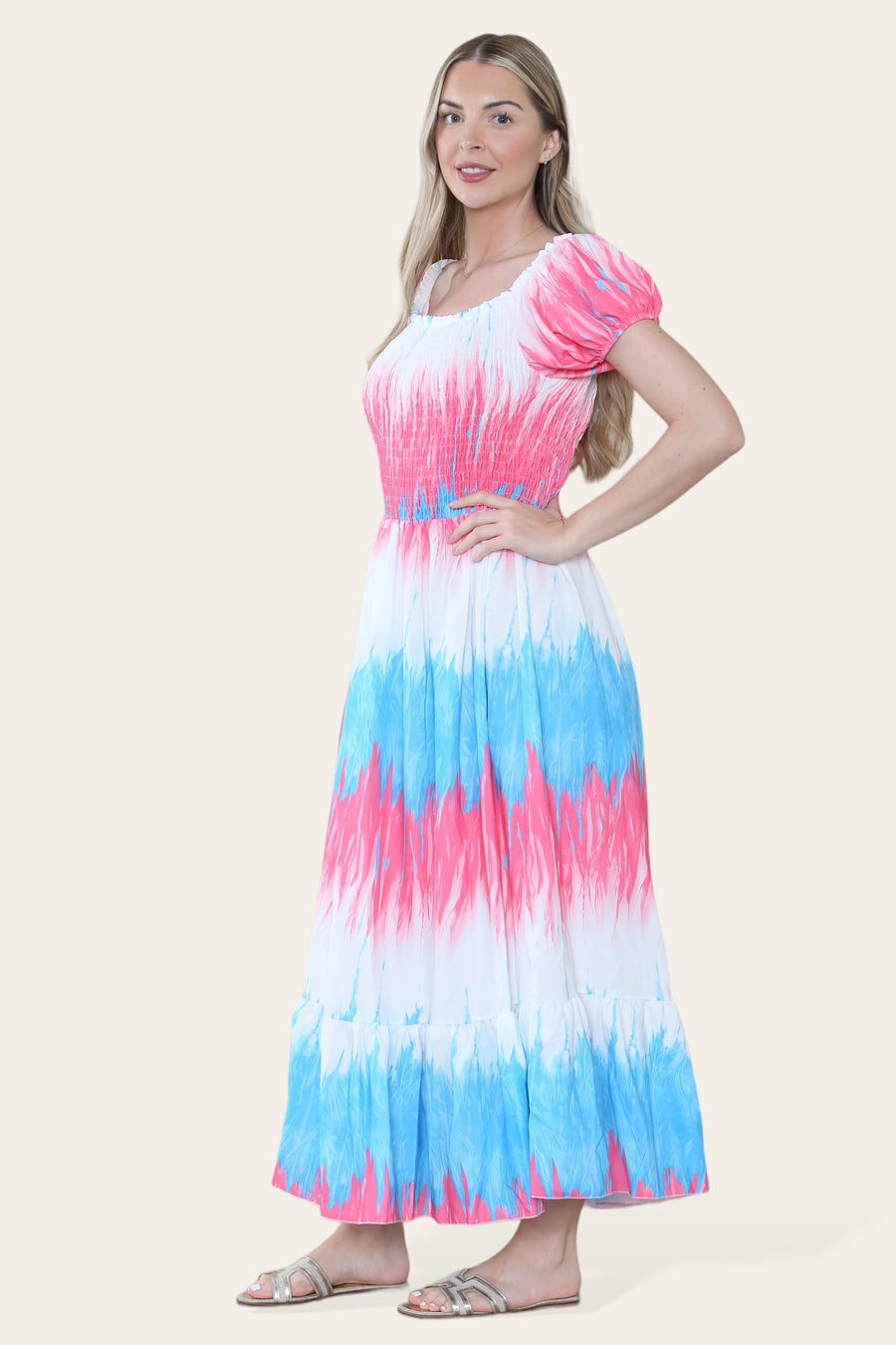 Tie Dye Maxi Sun Dress with Multi-Coloured Zig Zag Effect