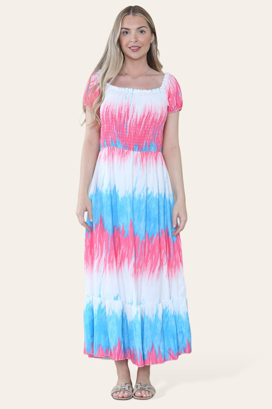 Tie Dye Maxi Sun Dress with Multi-Coloured Zig Zag Effect