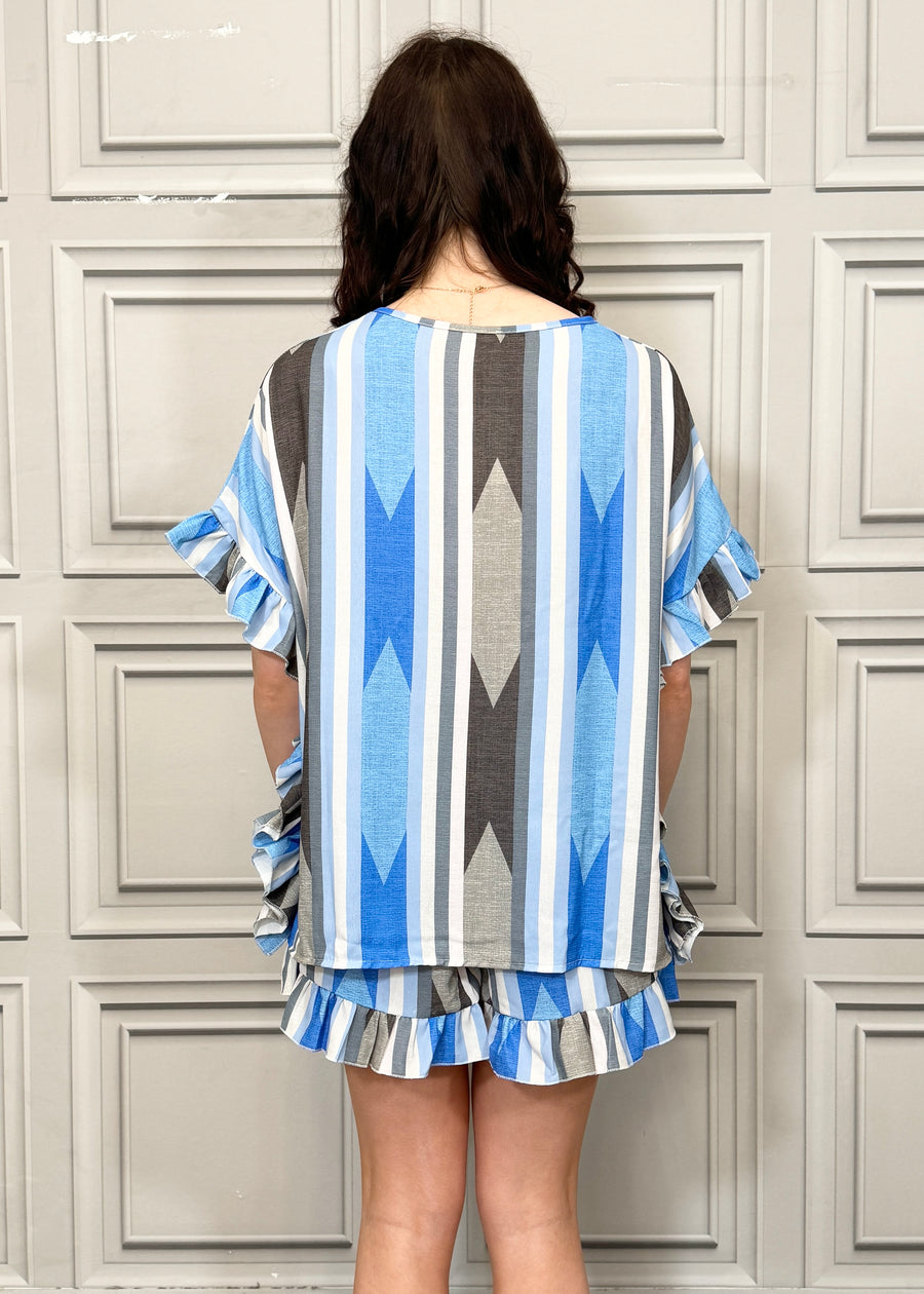 Vibrant Prints Frill Sides Loose Fit Top Matched with Frill Hem Short