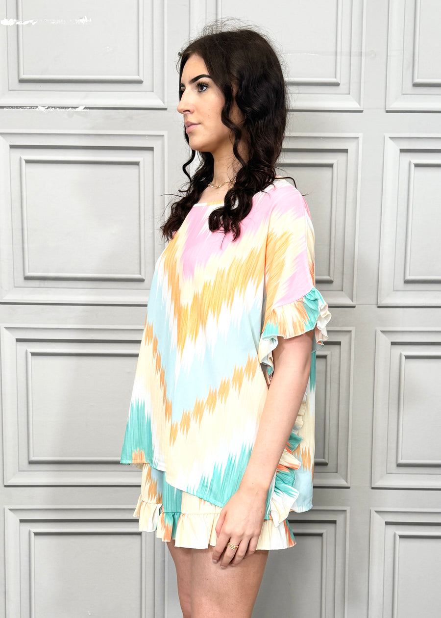 Vibrant Prints Frill Sides Loose Fit Top Matched with Frill Hem Shorts