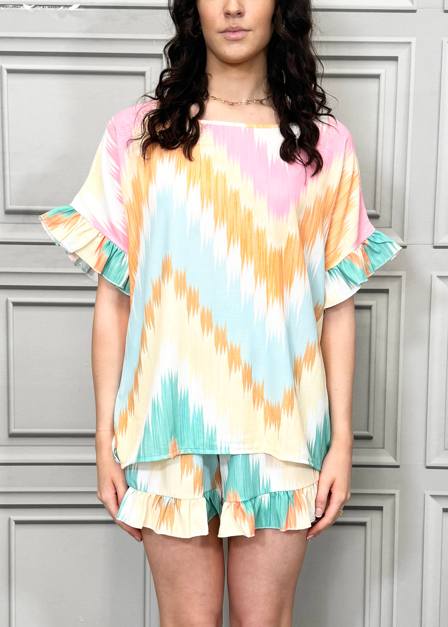 Vibrant Prints Frill Sides Loose Fit Top Matched with Frill Hem Shorts