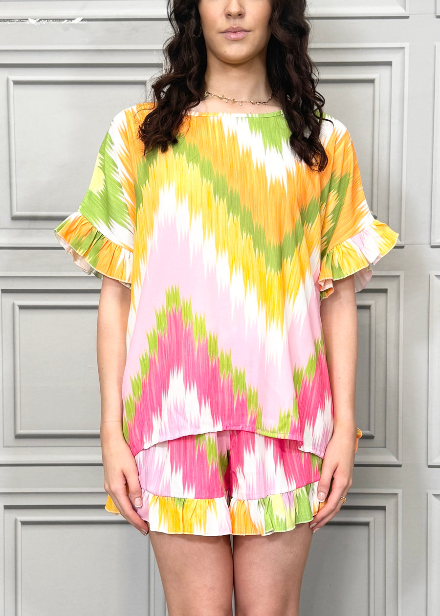 Vibrant Prints Frill Sides Loose Fit Top Matched with Frill Hem Shorts